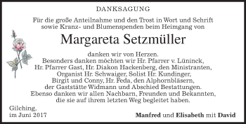 Todesanzeige von Margareta Setzmüller von merkurtz