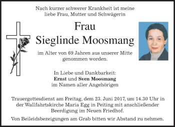 Todesanzeige von Sieglinde Moosmang von merkurtz