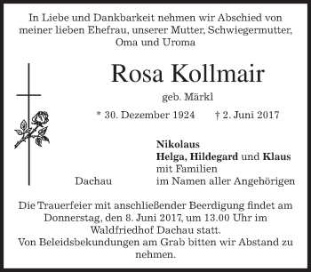 Todesanzeige von Rosa Kollmair von merkurtz