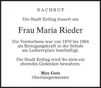 Todesanzeige von Maria Rieder von merkurtz