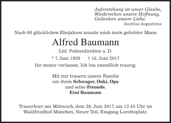 Todesanzeige von Alfred Baumann von merkurtz