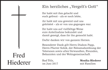 Todesanzeige von Fred Hiederer von merkurtz