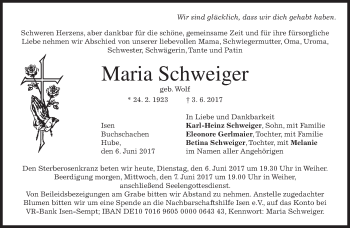 Todesanzeige von Maria Schweiger von merkurtz