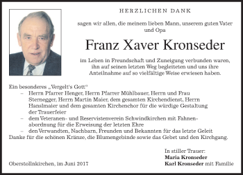 Todesanzeige von Franz Xaver Kronseder von merkurtz