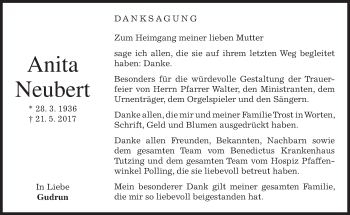 Todesanzeige von Anita Neubert von merkurtz