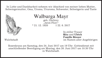 Todesanzeige von Walburga Mayr von merkurtz