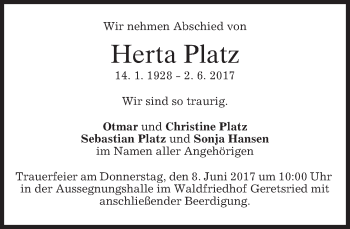 Todesanzeige von Herta Platz von merkurtz