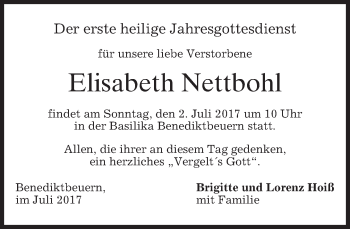 Todesanzeige von Elisabeth Nettbohl von merkurtz