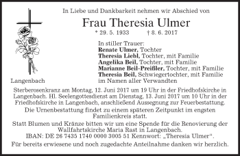 Todesanzeige von Theresia Ulmer von merkurtz