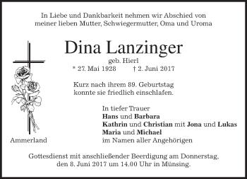 Todesanzeige von Dina Lanzinger von merkurtz