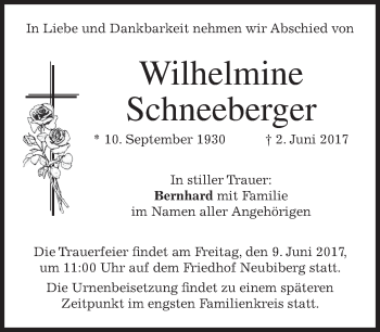 Todesanzeige von Wilhelmine Schneeberger von merkurtz