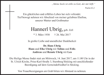 Todesanzeige von Hannerl Ubrig von merkurtz