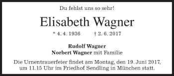 Todesanzeige von Elisabeth Wagner von merkurtz