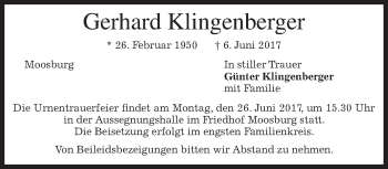 Todesanzeige von Gerhard Klingenberger von merkurtz