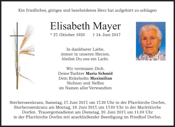 Todesanzeige von Elisabeth Mayer von merkurtz