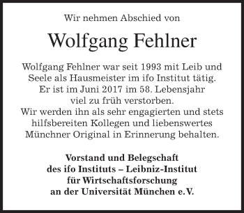 Todesanzeige von Wolfgang Fehlner von merkurtz