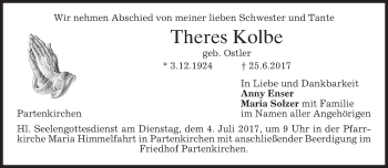 Todesanzeige von Theres Kolbe von merkurtz