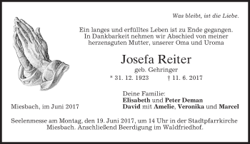 Todesanzeige von Josefa Reiter von merkurtz