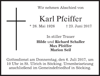 Todesanzeige von Karl Pfeiffer von merkurtz