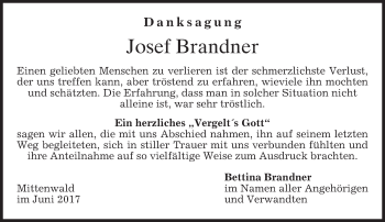 Todesanzeige von Josef Brandner von merkurtz