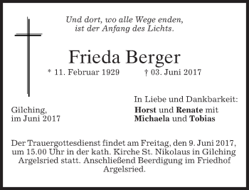 Todesanzeige von Frieda Berger von merkurtz