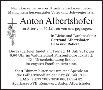 Todesanzeige von Anton Albertshofer von merkurtz