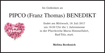 Todesanzeige von Franz Thomas Benedikt von merkurtz