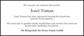 Todesanzeige von Josef Toman von merkurtz