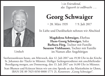 Todesanzeige von Georg Schwaiger von merkurtz