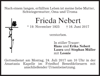 Todesanzeige von Frieda Nebert von merkurtz