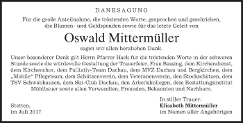 Todesanzeige von Oswald Mittermüller von merkurtz