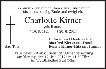 Todesanzeige von Charlotte Kirner von merkurtz