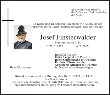 Todesanzeige von Josef Finsterwalder von merkurtz