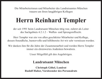 Todesanzeige von Reinhard Templer von merkurtz
