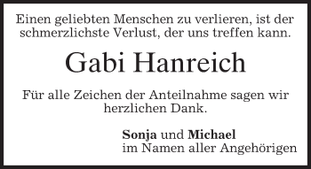 Todesanzeige von Gabi Hanreich von merkurtz