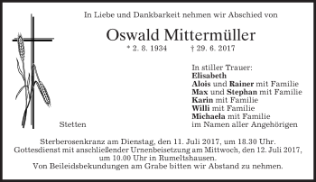 Todesanzeige von Oswald Mittermüller von merkurtz
