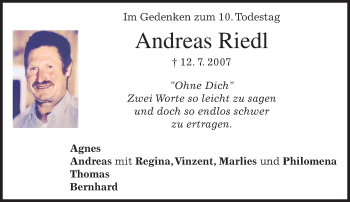 Todesanzeige von Andreas Riedl von merkurtz