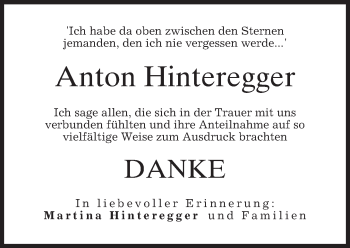 Todesanzeige von Anton Hinteregger von merkurtz