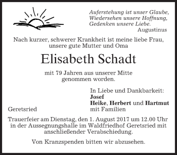 Todesanzeige von Elisabeth Schadt von merkurtz