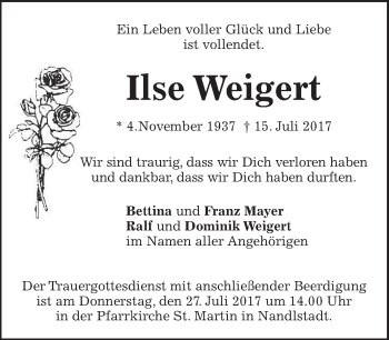 Todesanzeige von Ilse Weigert von merkurtz