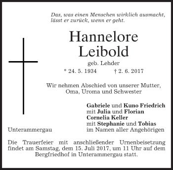 Todesanzeige von Hannelore Leibold von merkurtz