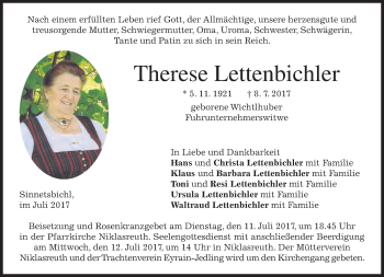 Todesanzeige von Therese Lettenbichler von merkurtz