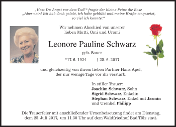 Todesanzeige von Leonore Pauline Schwarz von merkurtz