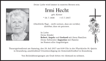 Todesanzeige von Irmi Hecht von merkurtz