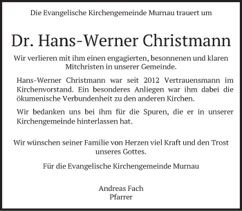 Todesanzeige von Hans-Werner Christmann von merkurtz