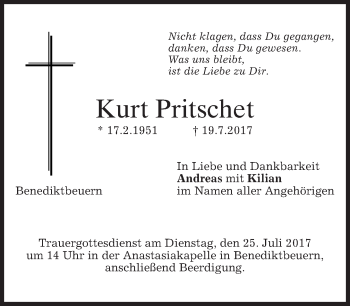 Todesanzeige von Kurt Pritschet von merkurtz