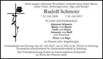 Todesanzeige von Rudolf Schmotz von merkurtz