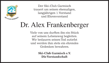 Todesanzeige von Alex Frankenberger von merkurtz