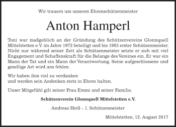 Todesanzeige von Anton Hamperl von merkurtz