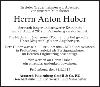 Todesanzeige von Anton Huber von merkurtz